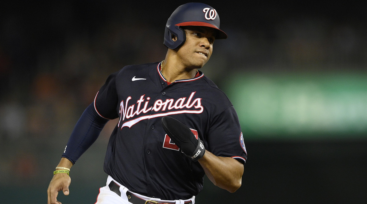 Washington Nationals' Juan Soto runs to third during the fourth inning of a baseball game against the Boston Red Sox, Oct. 1, 2021, in Washington.